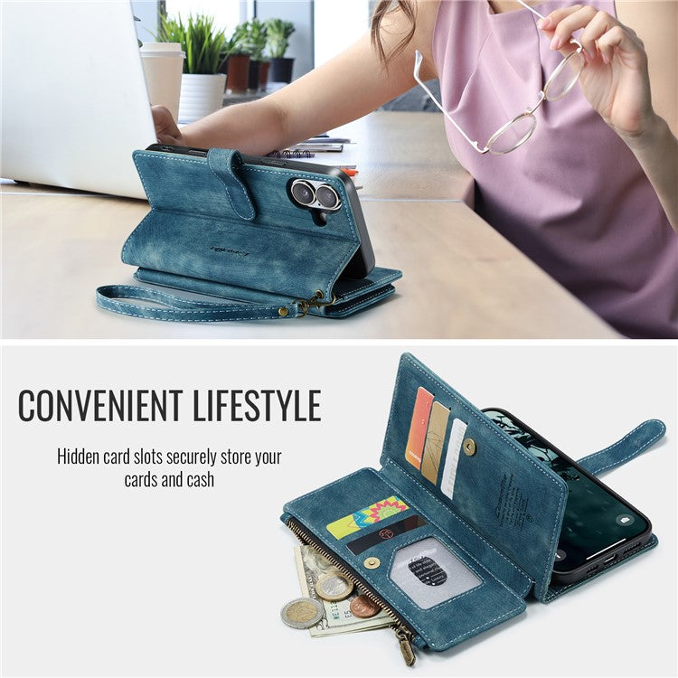 CASEME C30 Series for iPhone 16 Case PU Leather 7 Card Slots Wallet Phone Cover - Blue