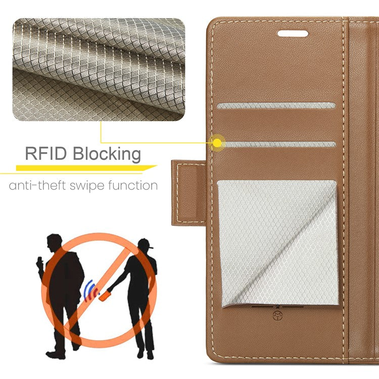 CASEME 023 Series For iPhone 16 Case RFID Blocking Glossy Stand Phone Cover - Brown
