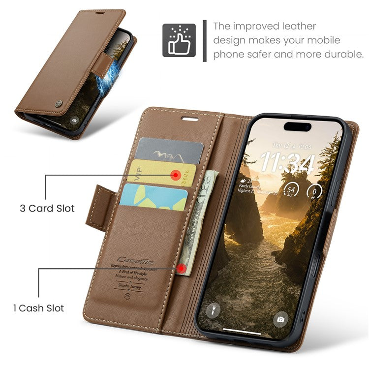 CASEME 023 Series For iPhone 16 Case RFID Blocking Glossy Stand Phone Cover - Brown
