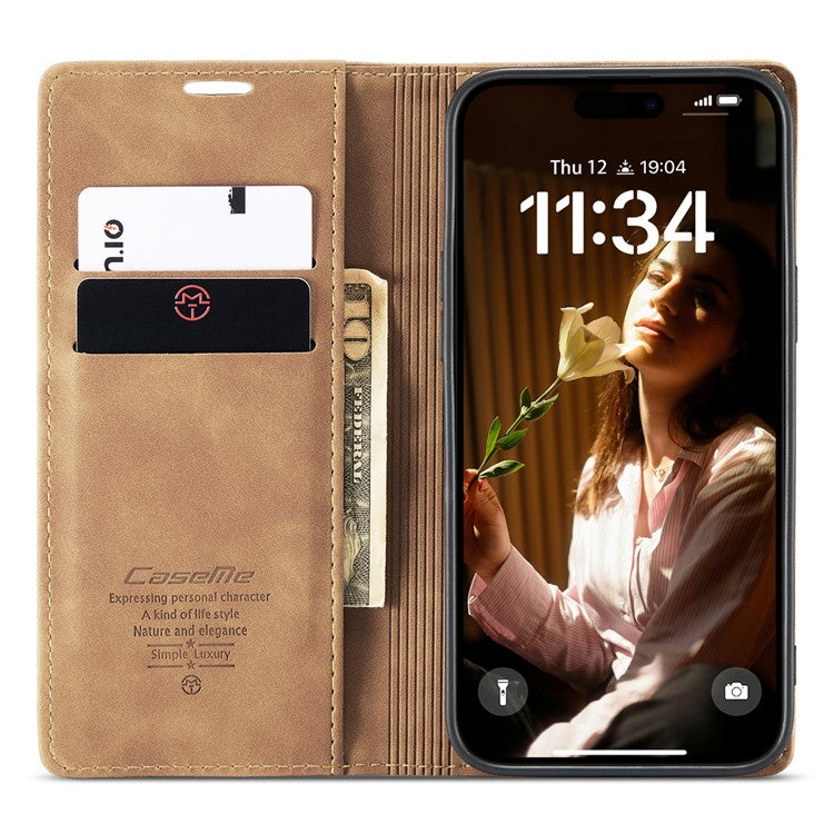 CASEME 013 Series For iPhone 16 Plus Case Card Holder Stand Leather Phone Cover - Brown