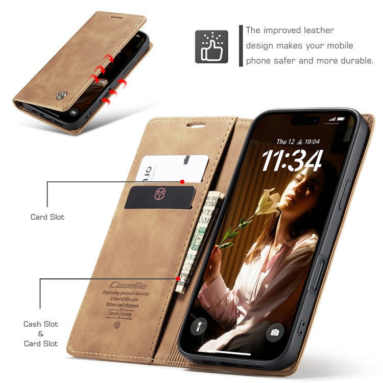 CASEME 013 Series For iPhone 16 Plus Case Card Holder Stand Leather Phone Cover - Brown