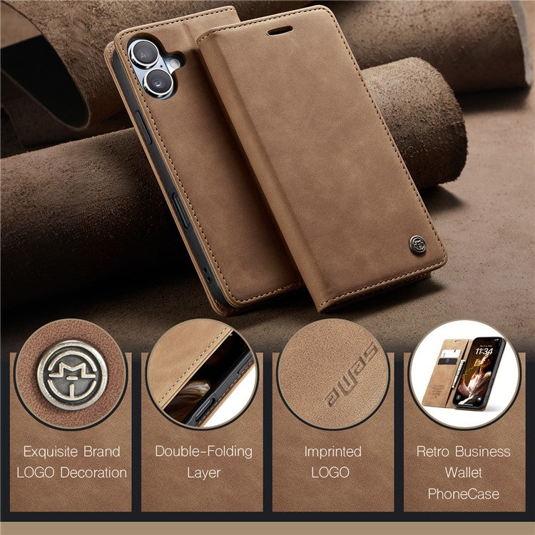 CASEME 013 Series For iPhone 16 Plus Case Card Holder Stand Leather Phone Cover - Brown