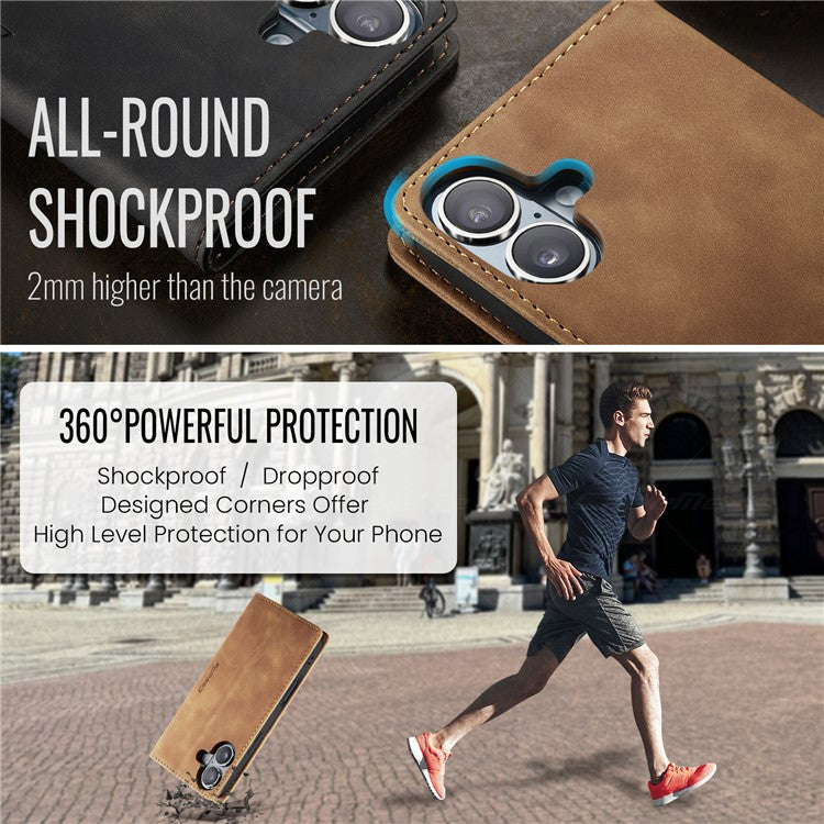 CASEME 013 Series For iPhone 16 Plus Case Card Holder Stand Leather Phone Cover - Brown