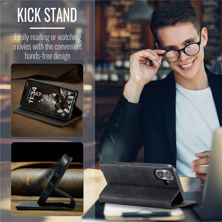 CASEME 013 Series For iPhone 16 Case Card Holder Stand Leather Phone Cover - Black