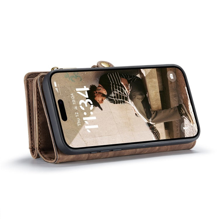 CASEME 008 Series for iPhone 16 Case Leather Phone Cover Zipper Pocket Wallet - Brown