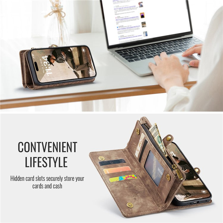 CASEME 008 Series for iPhone 16 Case Leather Phone Cover Zipper Pocket Wallet - Brown