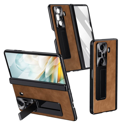 For Honor Magic Vs3 5G Case Leather+PC Kickstand Phone Cover with Tempered Glass Film - Brown