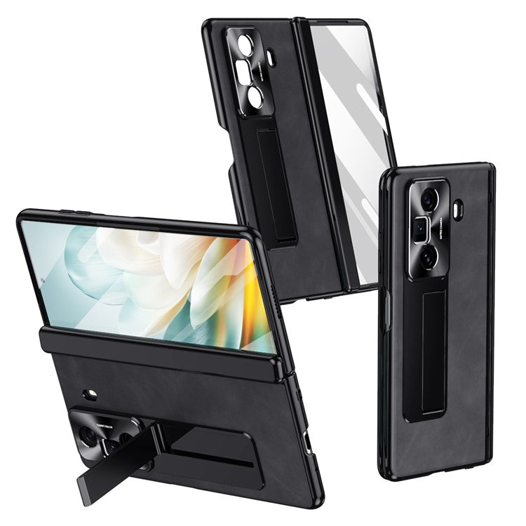 For Honor Magic Vs3 5G Case Leather+PC Kickstand Phone Cover with Tempered Glass Film - Black