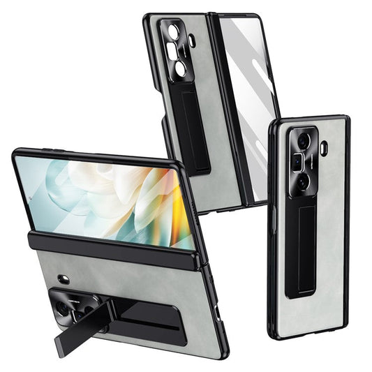 For Honor Magic Vs3 5G Case Leather+PC Kickstand Phone Cover with Tempered Glass Film - Grey