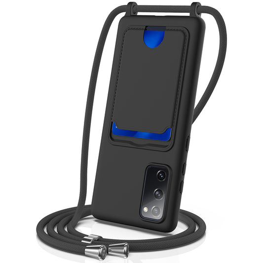 For Samsung Galaxy S20 FE Case Liquid Silicone Card Holder Phone Back Cover with Lanyard - Black