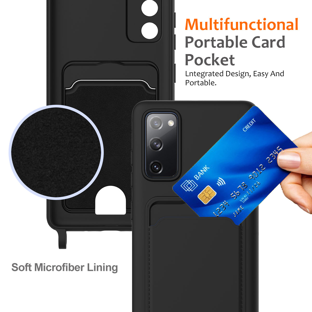 For Samsung Galaxy S20 FE Case Liquid Silicone Card Holder Phone Back Cover with Lanyard - Black