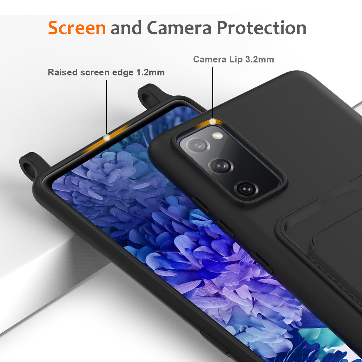 For Samsung Galaxy S20 FE Case Liquid Silicone Card Holder Phone Back Cover with Lanyard - Black