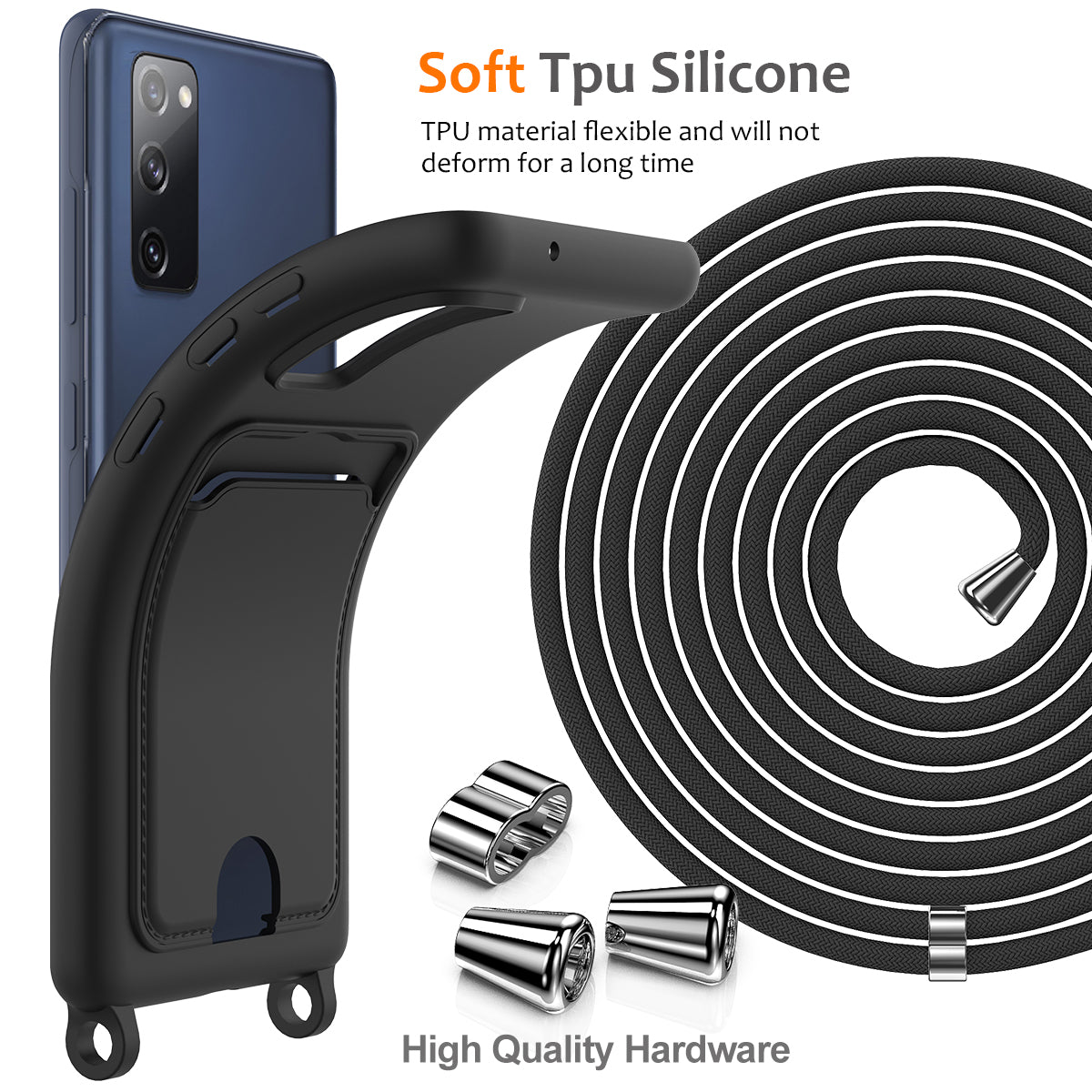 For Samsung Galaxy S20 FE Case Liquid Silicone Card Holder Phone Back Cover with Lanyard - Black