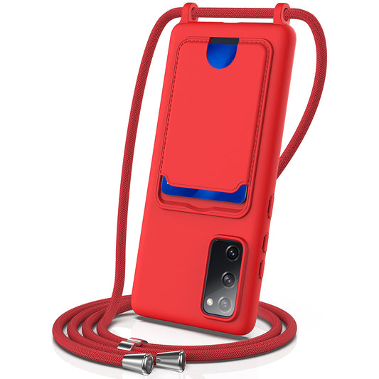 For Samsung Galaxy S20 FE Case Liquid Silicone Card Holder Phone Back Cover with Lanyard - Red