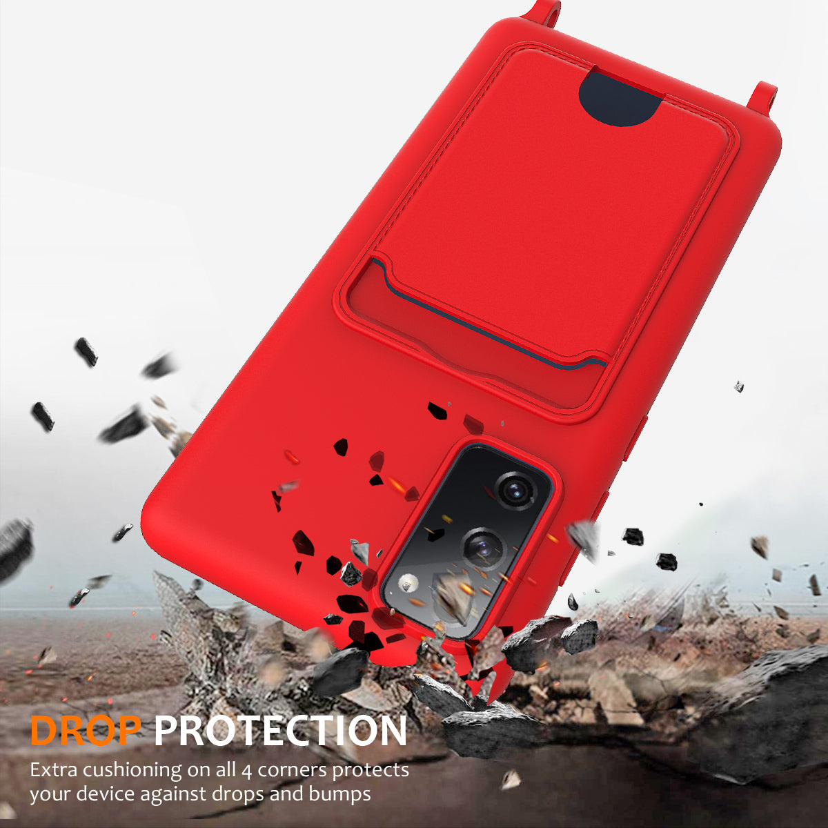 For Samsung Galaxy S20 FE Case Liquid Silicone Card Holder Phone Back Cover with Lanyard - Red