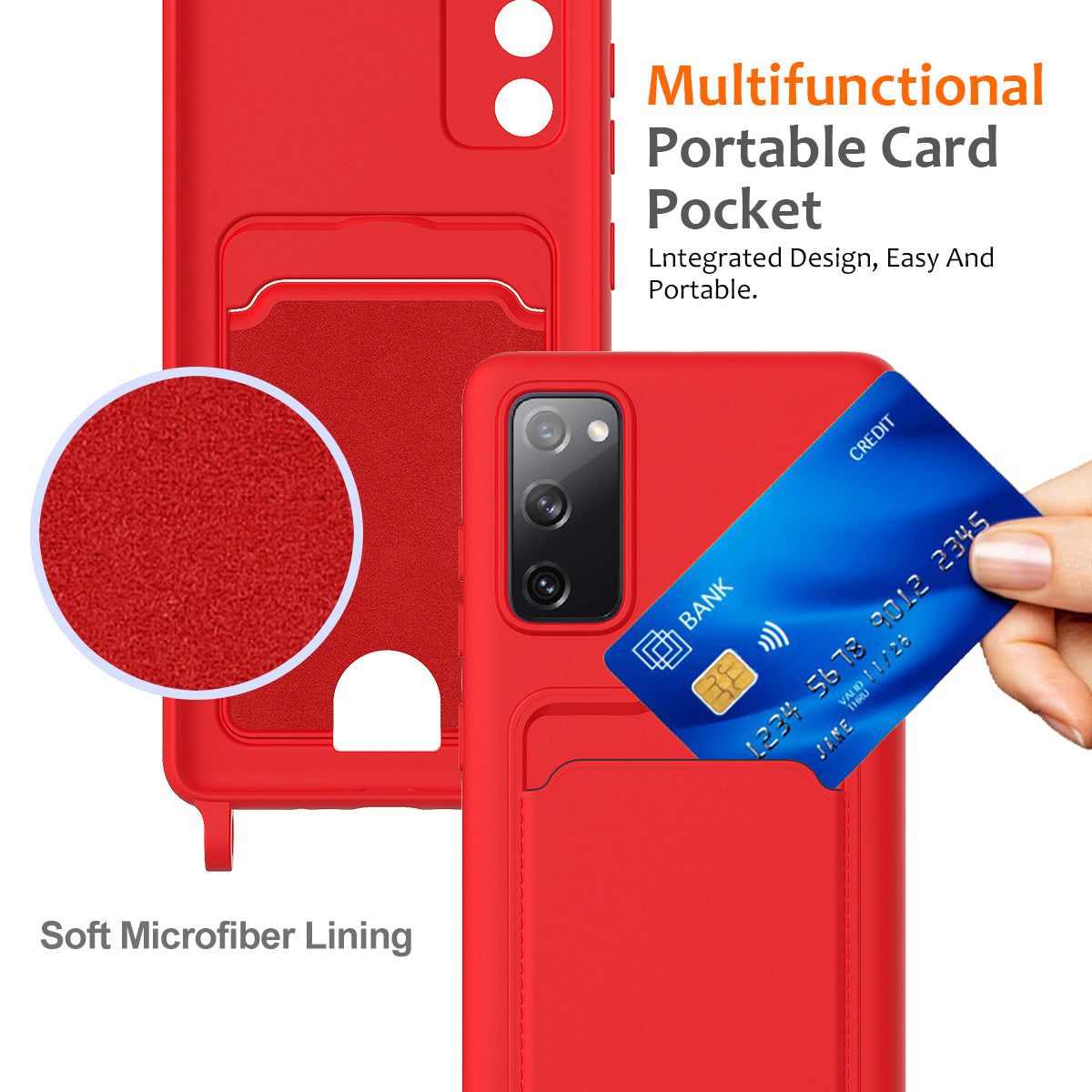 For Samsung Galaxy S20 FE Case Liquid Silicone Card Holder Phone Back Cover with Lanyard - Red