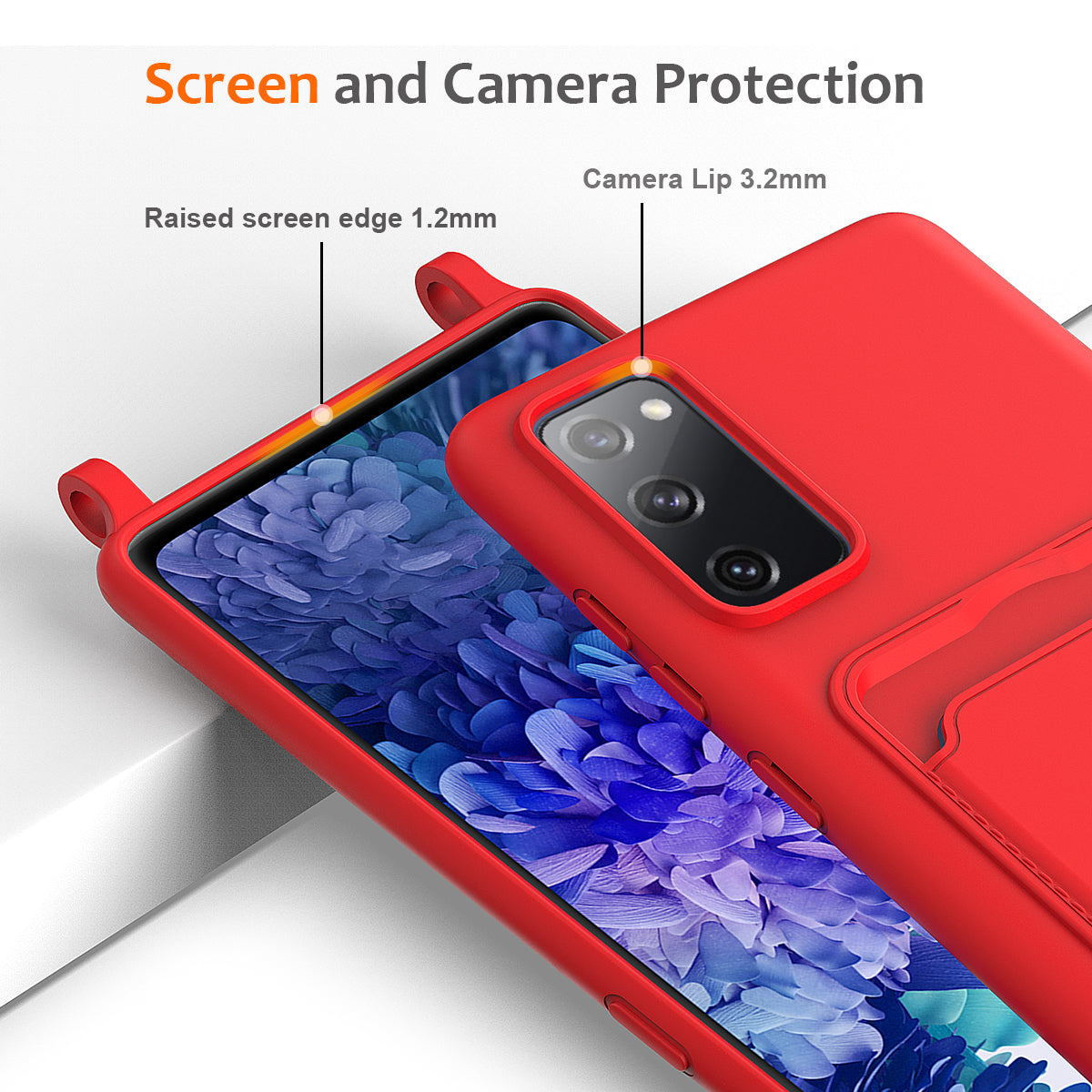 For Samsung Galaxy S20 FE Case Liquid Silicone Card Holder Phone Back Cover with Lanyard - Red