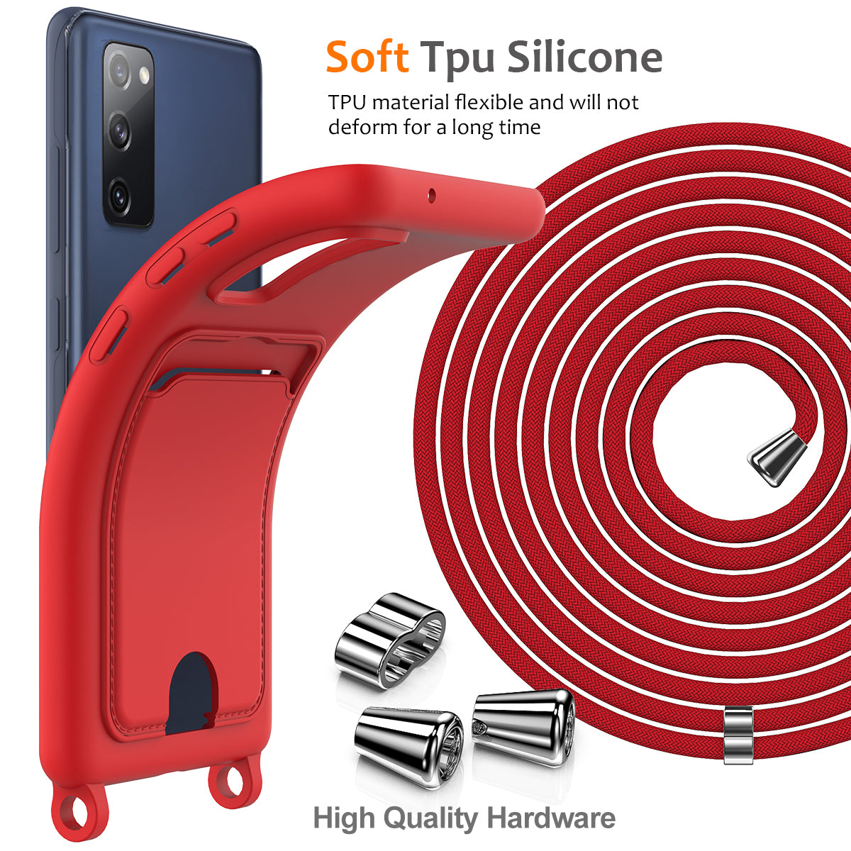 For Samsung Galaxy S20 FE Case Liquid Silicone Card Holder Phone Back Cover with Lanyard - Red