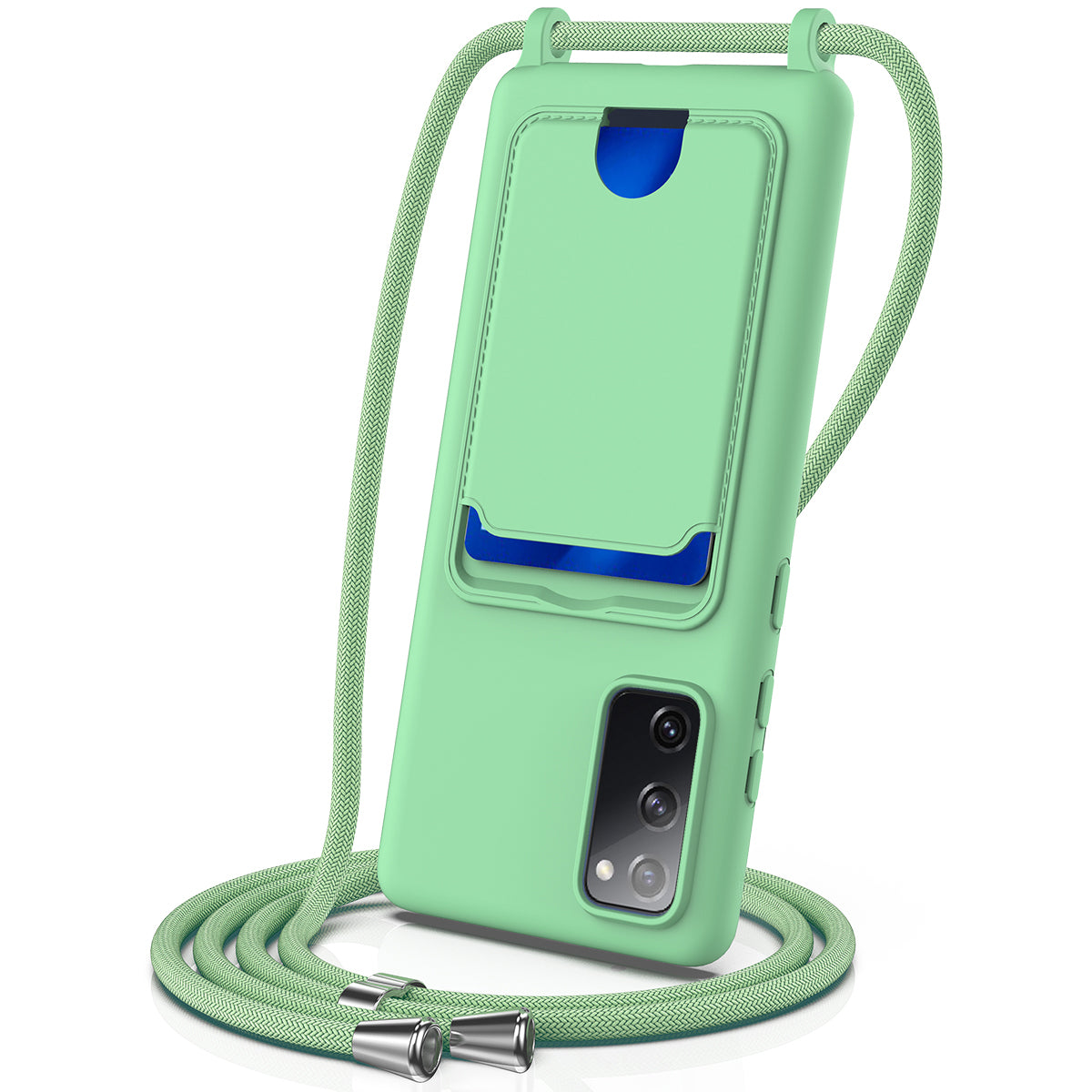 For Samsung Galaxy S20 FE Case Liquid Silicone Card Holder Phone Back Cover with Lanyard - Green