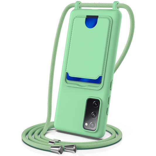 For Samsung Galaxy S20 FE Case Liquid Silicone Card Holder Phone Back Cover with Lanyard - Green
