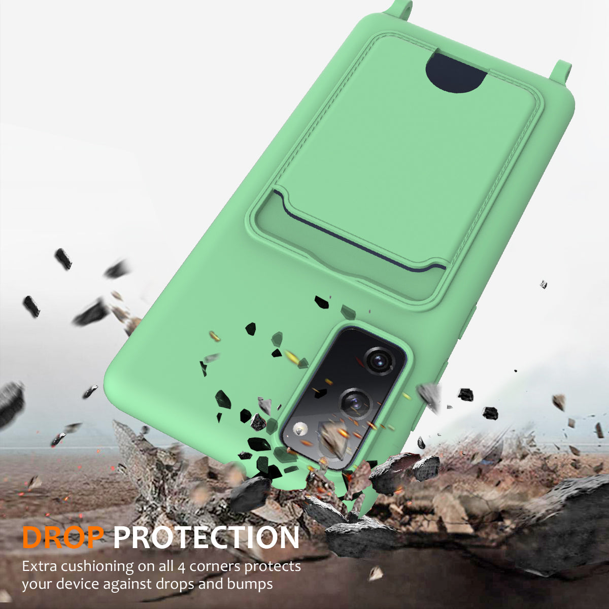 For Samsung Galaxy S20 FE Case Liquid Silicone Card Holder Phone Back Cover with Lanyard - Green