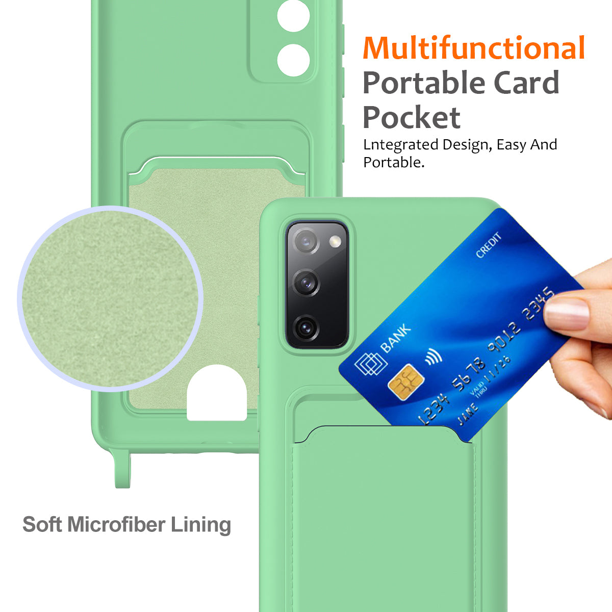 For Samsung Galaxy S20 FE Case Liquid Silicone Card Holder Phone Back Cover with Lanyard - Green
