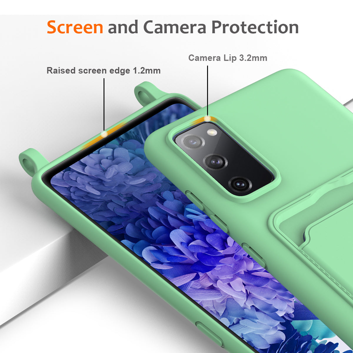 For Samsung Galaxy S20 FE Case Liquid Silicone Card Holder Phone Back Cover with Lanyard - Green