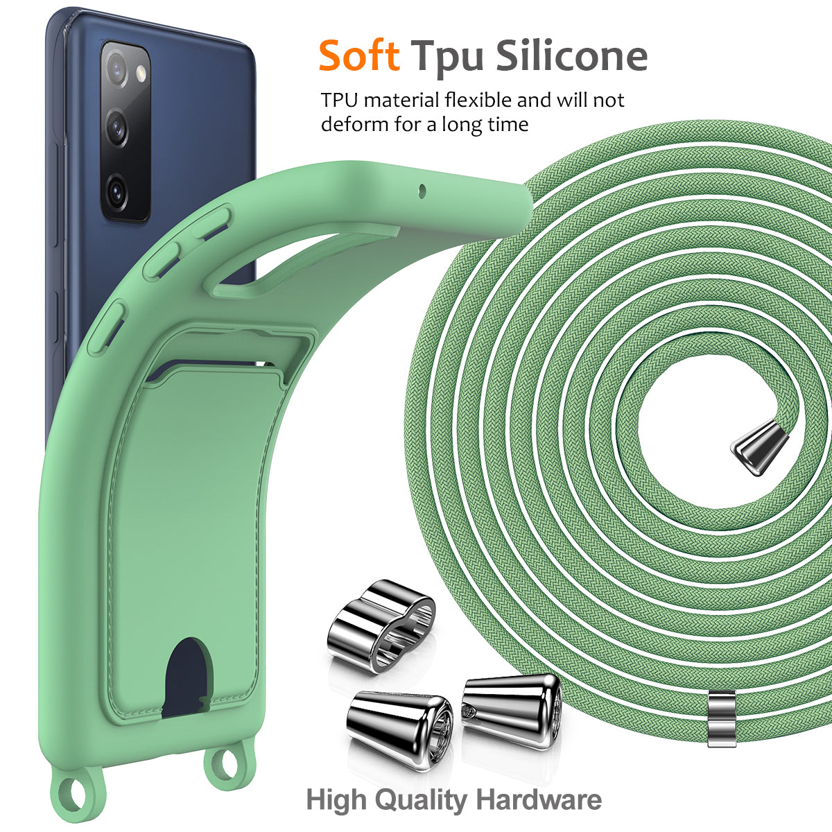 For Samsung Galaxy S20 FE Case Liquid Silicone Card Holder Phone Back Cover with Lanyard - Green