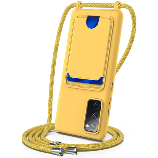 For Samsung Galaxy S20 FE Case Liquid Silicone Card Holder Phone Back Cover with Lanyard - Yellow