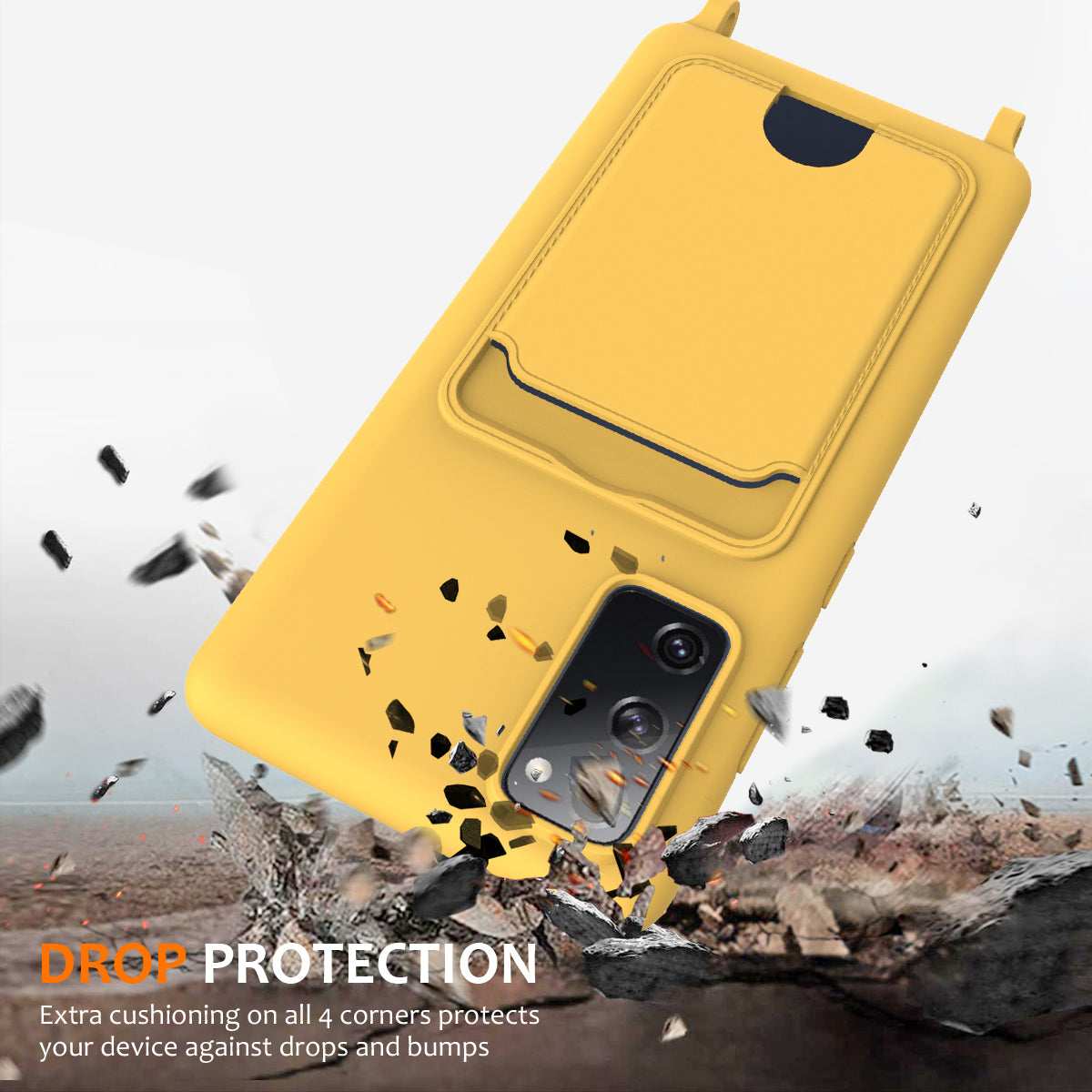 For Samsung Galaxy S20 FE Case Liquid Silicone Card Holder Phone Back Cover with Lanyard - Yellow