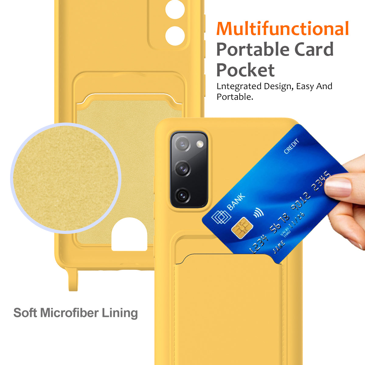 For Samsung Galaxy S20 FE Case Liquid Silicone Card Holder Phone Back Cover with Lanyard - Yellow
