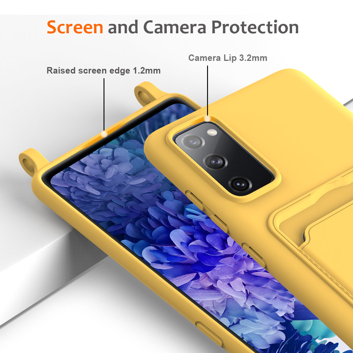 For Samsung Galaxy S20 FE Case Liquid Silicone Card Holder Phone Back Cover with Lanyard - Yellow