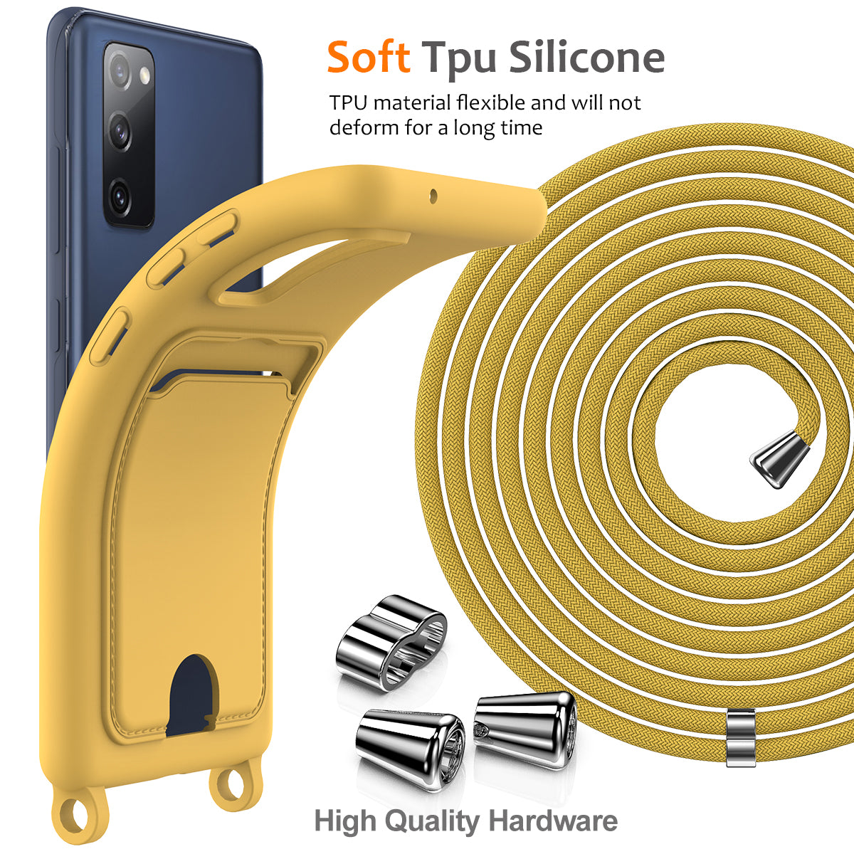 For Samsung Galaxy S20 FE Case Liquid Silicone Card Holder Phone Back Cover with Lanyard - Yellow