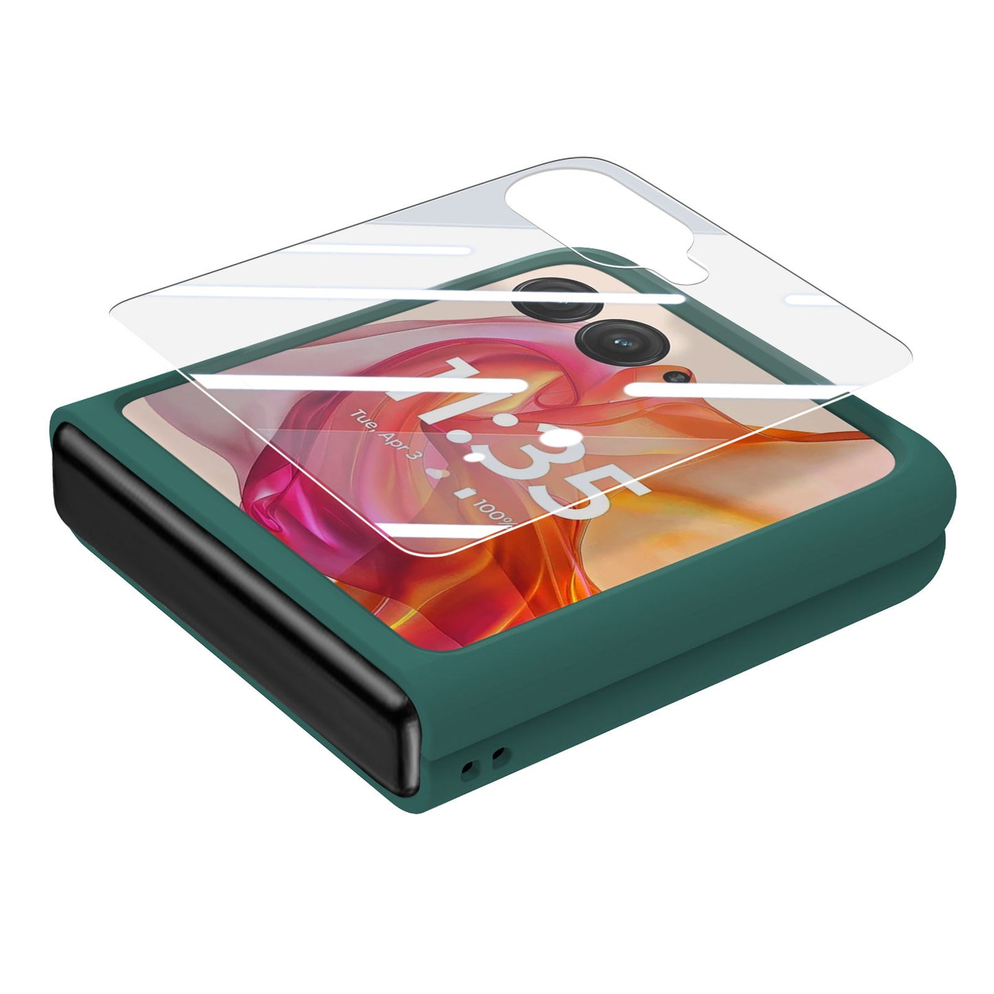 For Motorola Razr 50 Ultra 5G Case Ring Kickstand PC Phone Cover with Tempered Glass Rear Screen Film - Dark Green