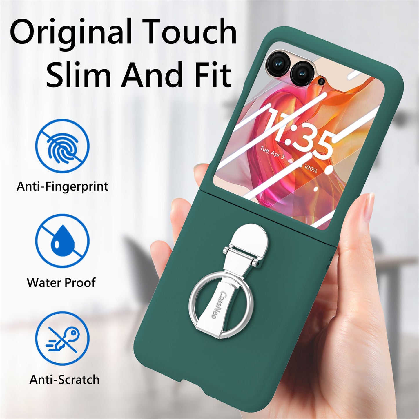 For Motorola Razr 50 Ultra 5G Case Ring Kickstand PC Phone Cover with Tempered Glass Rear Screen Film - Dark Green