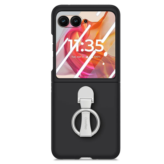 For Motorola Razr 50 Ultra 5G Case Ring Kickstand PC Phone Cover with Tempered Glass Rear Screen Film - Black