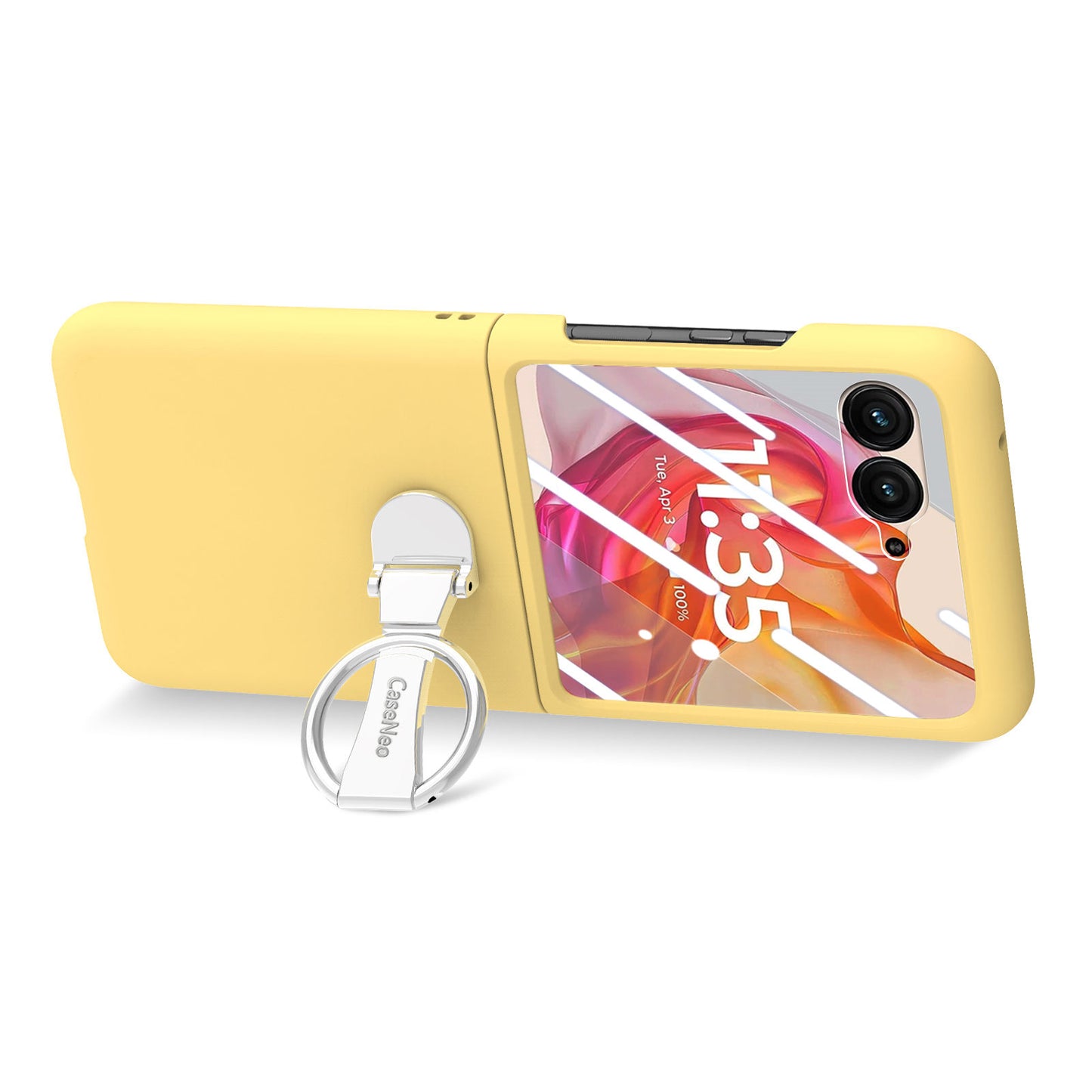 For Motorola Razr 50 Ultra 5G Case Ring Kickstand PC Phone Cover with Tempered Glass Rear Screen Film - Yellow