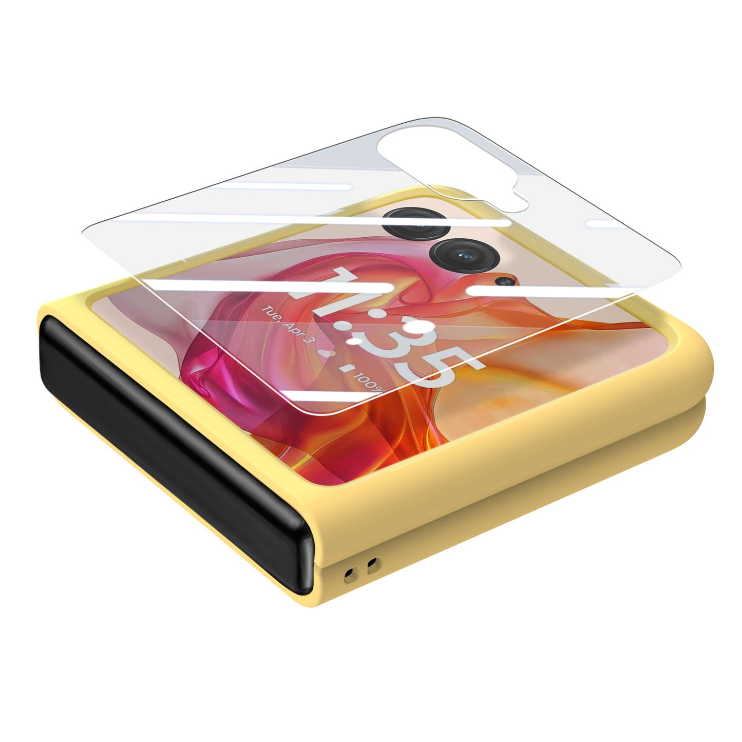 For Motorola Razr 50 Ultra 5G Case Ring Kickstand PC Phone Cover with Tempered Glass Rear Screen Film - Yellow