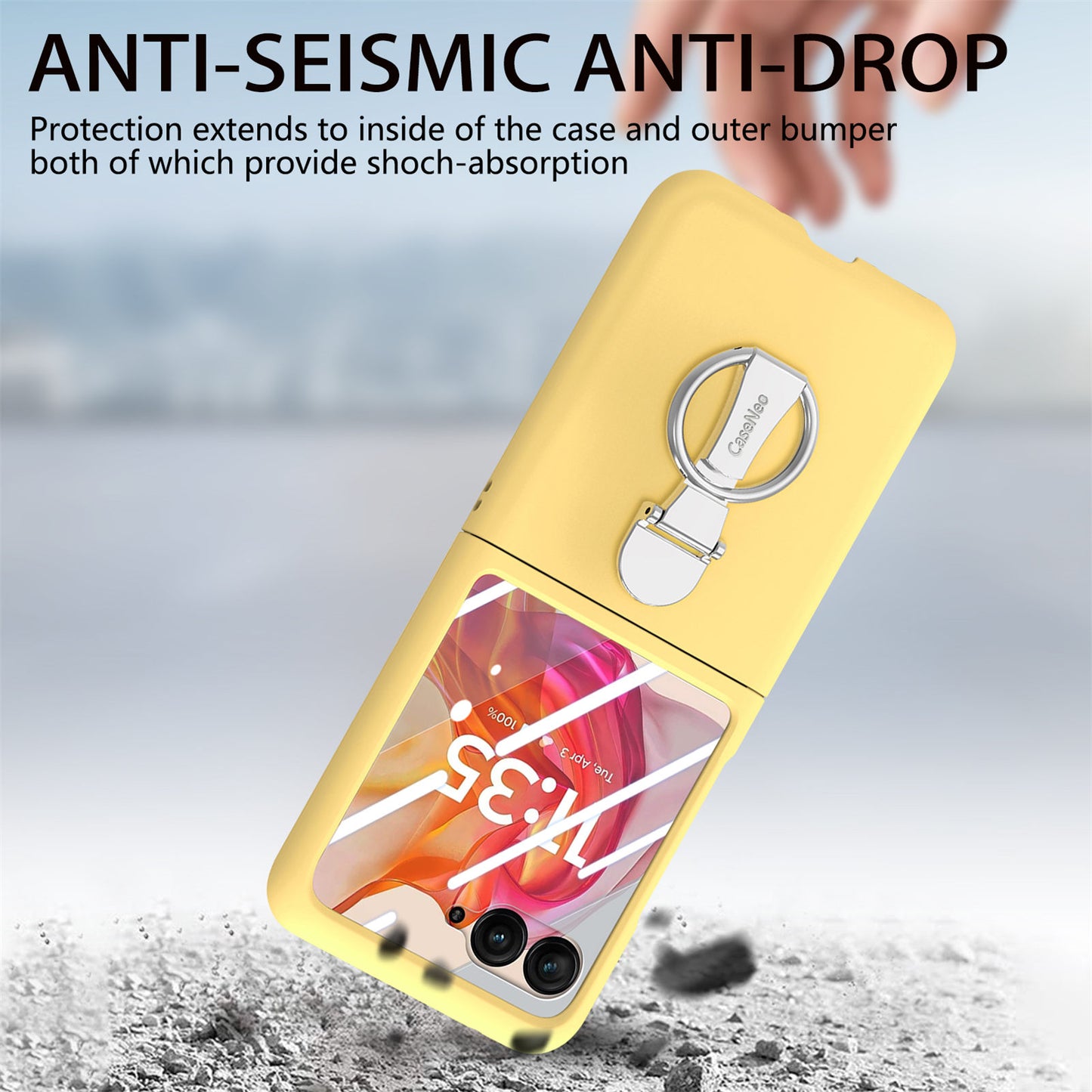 For Motorola Razr 50 Ultra 5G Case Ring Kickstand PC Phone Cover with Tempered Glass Rear Screen Film - Yellow