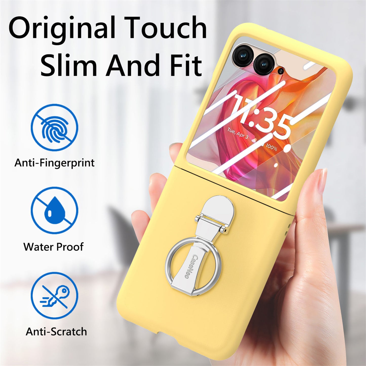 For Motorola Razr 50 Ultra 5G Case Ring Kickstand PC Phone Cover with Tempered Glass Rear Screen Film - Yellow