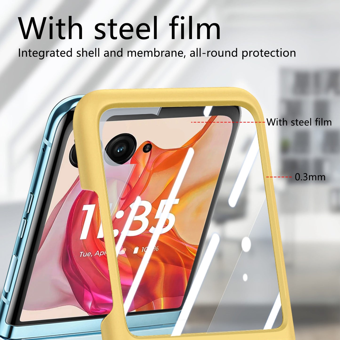 For Motorola Razr 50 Ultra 5G Case Ring Kickstand PC Phone Cover with Tempered Glass Rear Screen Film - Yellow