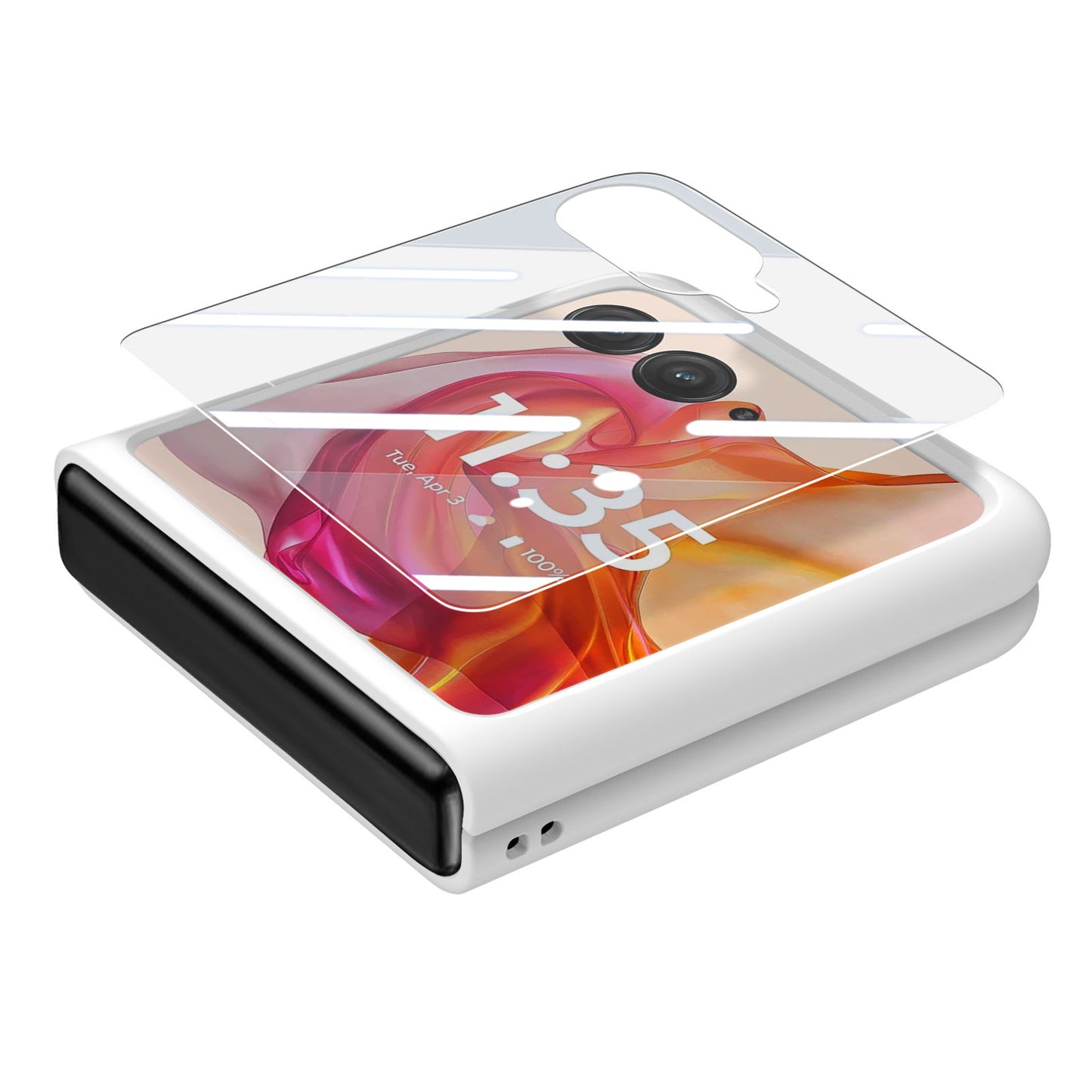 For Motorola Razr 50 Ultra 5G Case Ring Kickstand PC Phone Cover with Tempered Glass Rear Screen Film - White