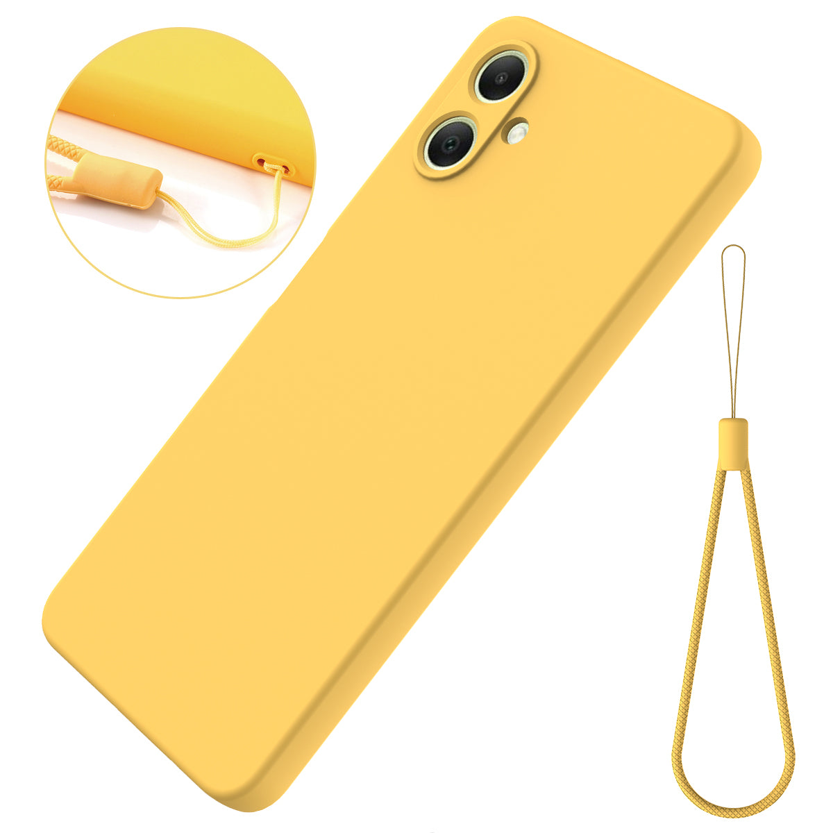 For Samsung Galaxy A06 Case Liquid Silicone Anti-Scratch Phone Cover with Hand Strap - Yellow