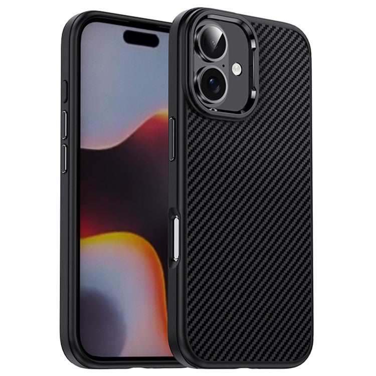 IPAKY For iPhone 16 Plus TPU Case Carbon Fiber Texture Phone Cover Metal Lens Frame - Black
