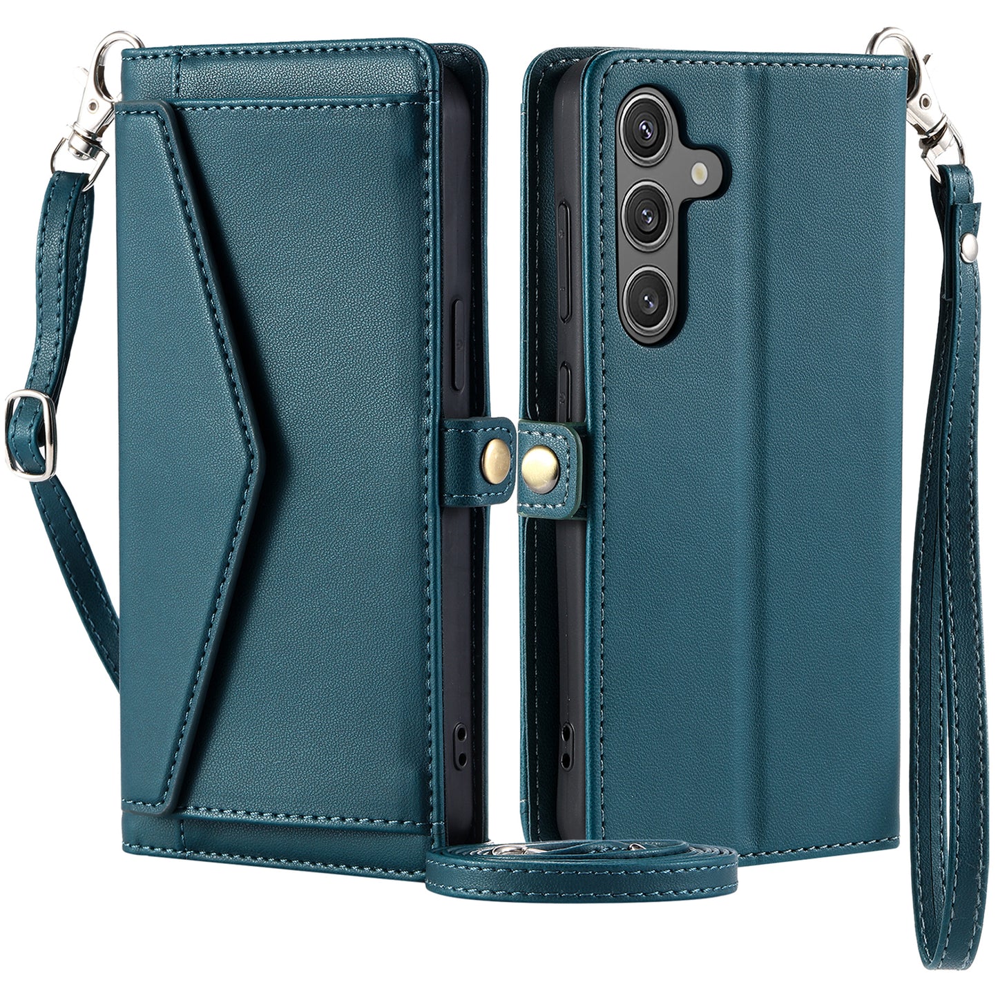 For Samsung Galaxy A16 5G / A16 4G Leather Case Wallet Stand Phone Cover with Straps - Blackish Green