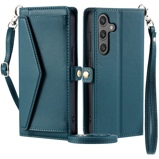 For Samsung Galaxy A16 5G / A16 4G Leather Case Wallet Stand Phone Cover with Straps - Blackish Green