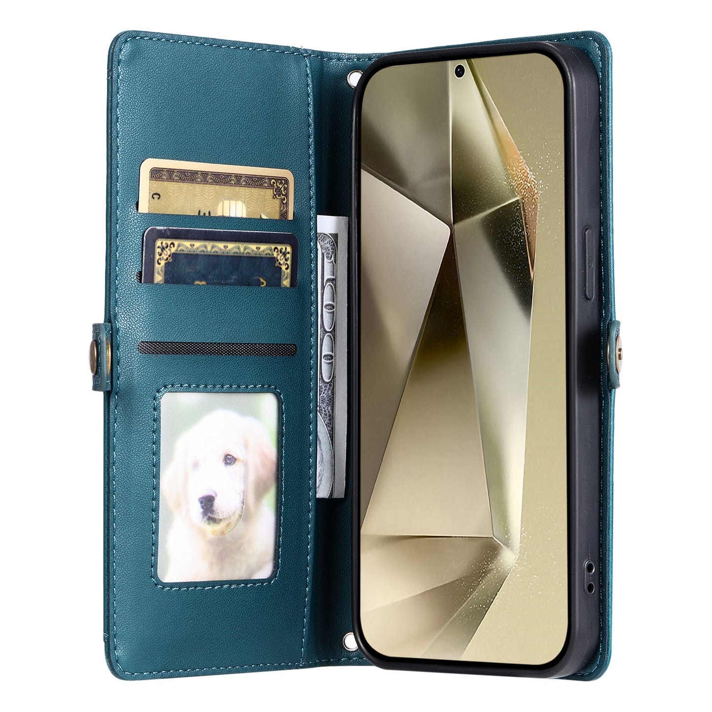 For Samsung Galaxy A16 5G / A16 4G Leather Case Wallet Stand Phone Cover with Straps - Blackish Green