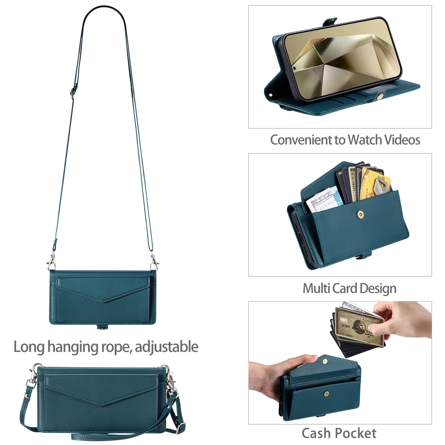 For Samsung Galaxy A16 5G / A16 4G Leather Case Wallet Stand Phone Cover with Straps - Blackish Green