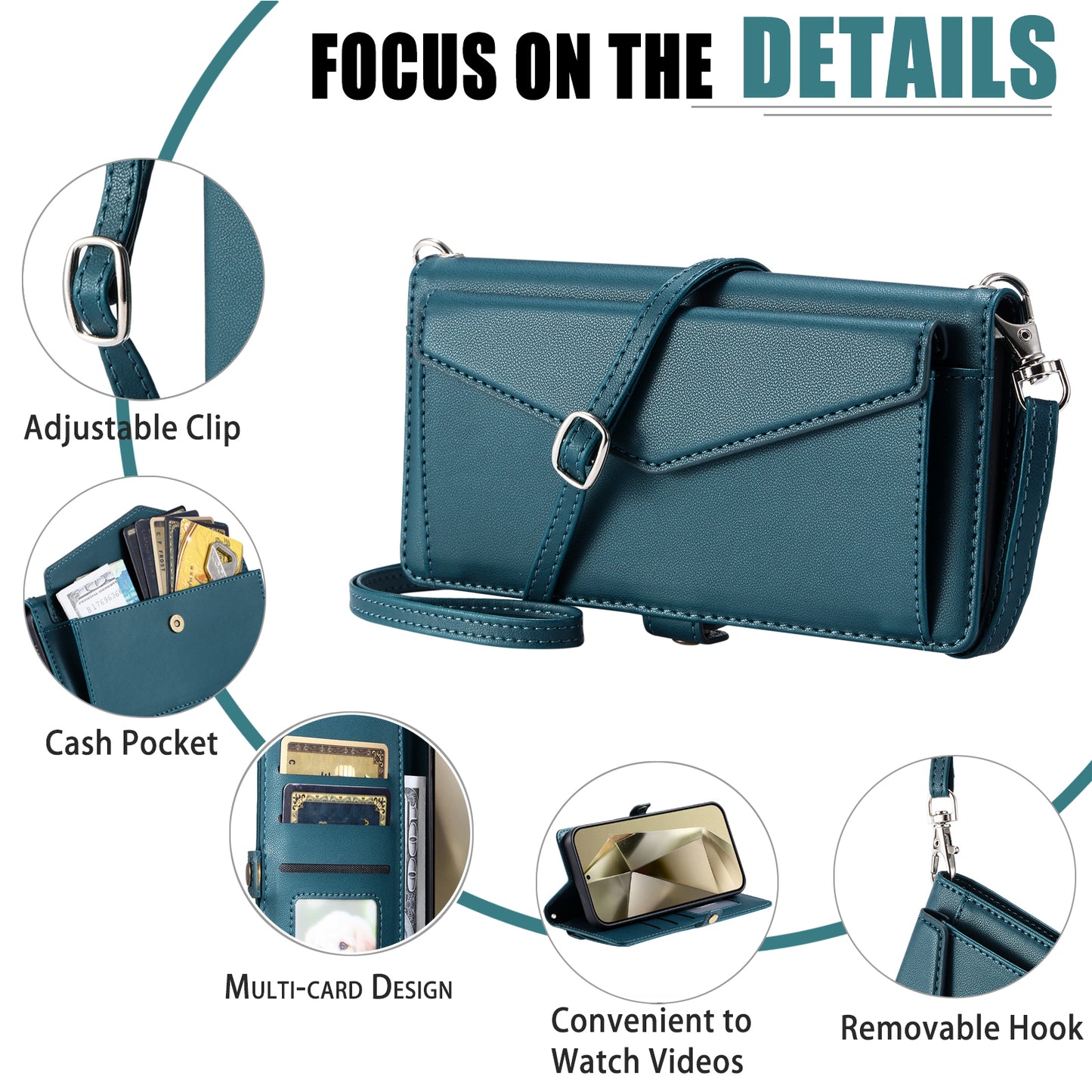 For Samsung Galaxy A16 5G / A16 4G Leather Case Wallet Stand Phone Cover with Straps - Blackish Green