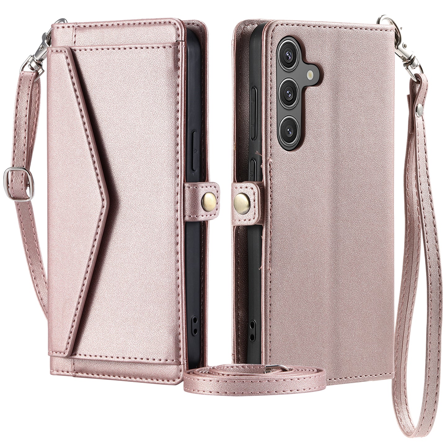 For Samsung Galaxy A16 5G / A16 4G Leather Case Wallet Stand Phone Cover with Straps - Rose Gold